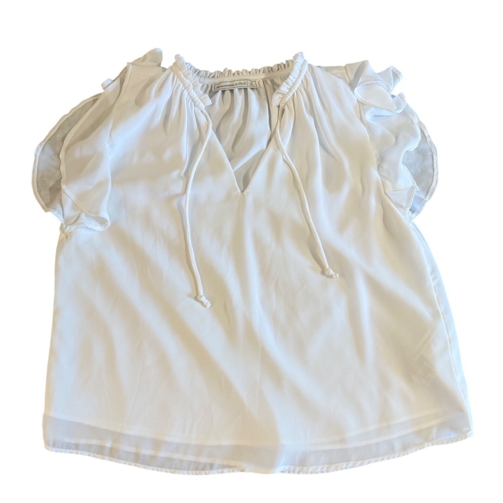 Abercrombie & Fitch Womens White Flutter Sleeve Ruffle Neck Tie Blouse Small‎ - Picture 2 of 5